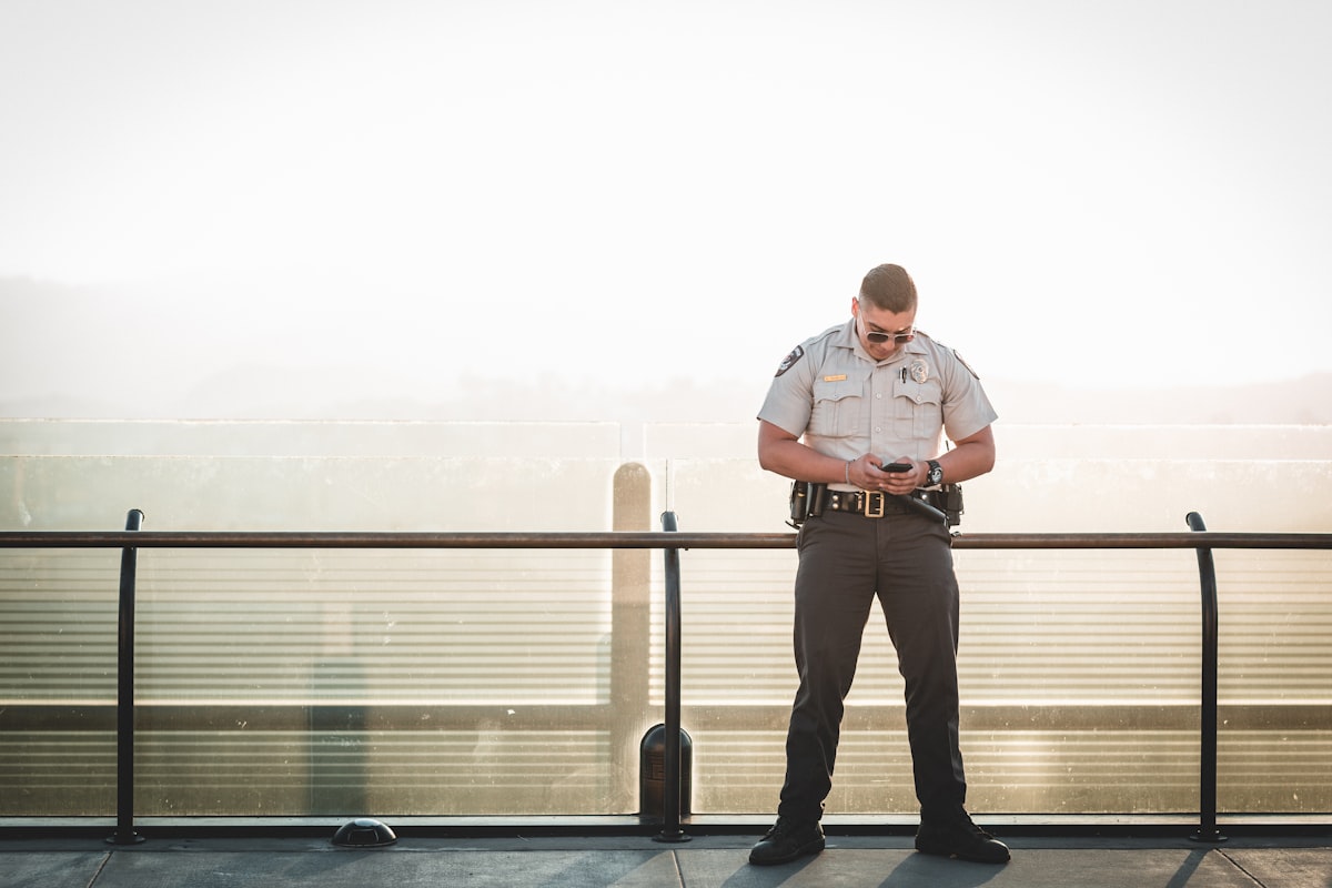 Security officer coordinating by radio
