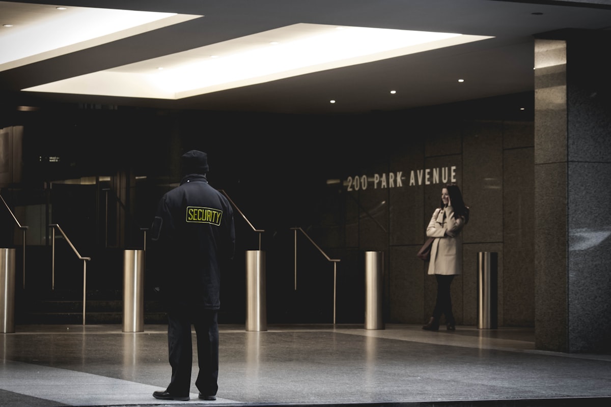 Security guard protecting a commercial lobby
